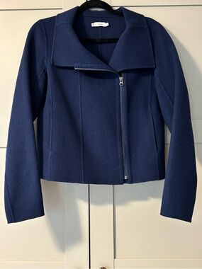Vince. navy asymmetric zip moto sweater jacket- Small